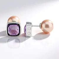 Cavill - 925 Sterling Zilver Oorbellen - Paarse Ming Parels 9 mm & 3,72 ct Amethist Kussen - Elegante Gerhodineerde Sieraden