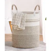 Famanu – Gevlochten wasmand van 50 liter met handvat, tweekleurig, stijlvol en duurzaam voor slaapkamer, badkamer en speelgoedopslag, 37 x 47 cm