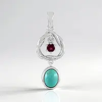 Cavill - Ovale Hanger 925 Sterling Zilver met Campitos Turkoois 1,14 ct en Rhodoliet 0,22 ct - Platina Gecoat - Handgemaakt Sieraad