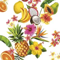 Daisy 40 Servetten - Tropisch Fruit - Tropische Bloemen - Tropische Mix - Tropical Mix on White - Kleurrijk - Op een witte achtergrond - Geel - Groen - Roze - Oranje - 33 x 33 cm - 3-Laags -
