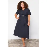 Turkishsouq Curve damesjurken in donkerblauw, unifarben, midi-lengte, casual en aansluitend, plus size.
