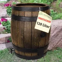 Famanu – Regenton van 120 liter, eikenvat voor regenwater, vorstbestendig vat in robuuste PE-kunststof met houtlook