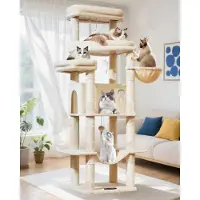 Markenlos – Krabpaal voor grote katten, 180 cm hoog, met 9 krabpalen, groot platform, ruime grotten, mand, hangmat en pluche ballen, beige