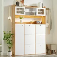 STILVORA Schoenenkast Met Glas En Led Verlichting - Smalle Staande Schoenenkipper Met 6 Kippvakken En 1 Deur - 130x25x180 Cm - Wit Natuurlijk