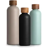 Famanu – Roestvrijstalen drinkfles van 500 ml met acaciahouten deksel, geïsoleerde waterfles, lekvrij, ideaal voor onderweg
