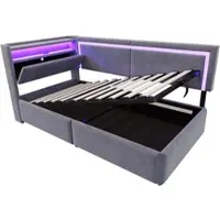 STILVORA Slaapbank 90x200 cm – Met Ledverlichting En Usb Oplaadpoorten – Hoofdbord Met Opbergruimte – Hydraulische Bedbak – Zonder matras – Fluweel – Grijs