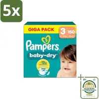 Pampers 5 x – Luiers – Baby Dry Maat 3 – 150 Luiers - Grootverpakking - Baby-dry Luiers - Lekken Voorkomen - Droge Nachten - Comfortabele Luiers - Stop En Bescherm Pocket