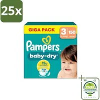 Pampers 25 x – Luiers – Baby Dry Maat 3 – 150 Luiers - Grootverpakking - Baby-dry Luiers - Lekken Voorkomen - Droge Nachten - Comfortabele Luiers - Stop En Bescherm Pocket