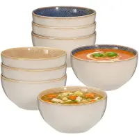 Excellent houseware Soepkom Kenji - set van 8x - blauw / beige - 14 x 7 cm - keramiek - kommetjes - 580 ml