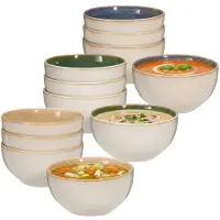 Excellent houseware Soepkom Kenji - set van 12x- blauw /groen / beige - 14 x 7 cm - keramiek - kommetjes - 580 ml