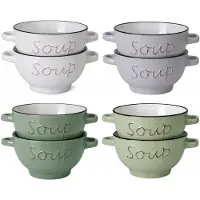 Excellent houseware Soepkommen set gres - 8x - verschillende kleuren - porselein - 500ml - met oren