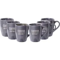 Excellent houseware Siaki koffie kopjes Barista Cafe - 6x stuks - grijs - 340 ml - mokken - keramiek - 10 cm - met koffie thema teksten