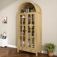 OKWISH : Boogvormige hoge kast met vitrine deuren en een lade, keukenkast met in hoogte verstelbare legplanken, open opbergruimte, natuurlijke stijl