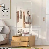 OKWISH garderobekast met grote kleerhangers en 2 lades, praktische kinderkledingkast, natuurlijke stijl