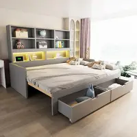 OKWISH Dagbed 90/180x200 met uitschuifbed en stopcontacten, jeugdbed met LED-verlichting en lades, opbergvakken, enkelbed, grijs, zonder matras