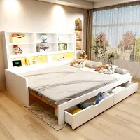 MODFU Dagbed 90/180 x 200 met uittrekbed, houten slaapbank, dagbed met opbergruimte en hoofdeinde met plank, jeugdbed met 2 lades en LED-verlichting, zonder matras, wit