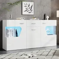 OKWISH Dressoir met 3 deuren en LED-verlichting, glanzende afwerking, transparante acryl behuizing, veel opbergruimte, wit