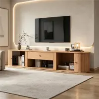 MODFU TV-meubel voor 75-inch televisies, TV-kast met 2 rolluikdeuren, een lade en een open TV-plank, TV-meubel met geribbelde voorkant, houtlook, 180 x 40 x 40 cm