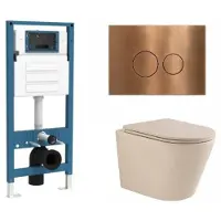 Qeramiq Dely Toiletset - inbouwreservoir Flush - slim zitting - metaal koperen bedieningsplaat - ronde knoppen - beige SW1000764/SW1448813/SW1000770/SW706196