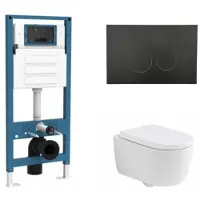 Qeramiq Dely Swirl Toiletset - inbouwreservoir Flush - 35mm zitting - metaal mat zwarte bedieningsplaat - ronde knoppen - mat wit SW1026257/SW1448813/SW1000767/SW706192