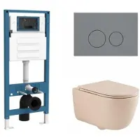 Qeramiq Dely Swirl Toiletset - inbouwreservoir Flush - slim zitting - kunststof licht grijze bedieningsplaat - ronde knoppen - beige SW1026259/SW1448813/SW1000770/SW1102374