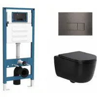 Qeramiq Dely Swirl Toiletset - inbouwreservoir Flush - 35mm zitting - metaal gunmetal bedieningsplaat - rechthoekige knoppen - mat zwart SW1026258/SW1448813/SW1000769/SW706199