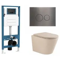 Qeramiq Dely Toiletset - inbouwreservoir Flush - slim zitting - metaal gunmetal bedieningsplaat - ronde knoppen - beige SW1000764/SW1448813/SW1000770/SW706198