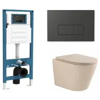 Qeramiq Dely Toiletset - inbouwreservoir Flush - slim zitting - kunststof mat antraciete bedieningsplaat - rechthoekige knoppen - beige SW1000764/SW1448813/SW1000770/SW1102377