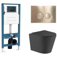 Qeramiq Dely Toiletset - inbouwreservoir Flush - slim zitting - metaal messing geborstelde bedieningsplaat - ronde knoppen - mat zwart SW1026253/SW1448813/SW1000768/SW706200