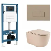 Qeramiq Dely Swirl Toiletset - inbouwreservoir Flush - slim zitting - kunststof taupe bedieningsplaat - rechthoekige knoppen - beige SW1026259/SW1448813/SW1000770/SW1102379