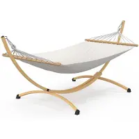 Famanu – Hangmat XL met metalen standaard in houtlook en ecru stof, ideaal voor ontspanning in de tuin of op het balkon