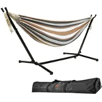 Famanu – Hangmat met standaard, 9 voet dubbel, 250 kg capaciteit, inclusief draagtas, voor binnen en buiten, terras, tuin, balkon (bruin en wit
