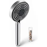 Famanu – Douchekop met filter, 13 cm grote douchekop met 6 straalsoorten, handdouche met 20 lagen filtering voor waterbesparing en kalkfilter, zwarte frontplaat