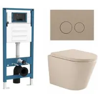 Qeramiq Dely Toiletset - inbouwreservoir Flush - 35mm zitting - kunststof taupe bedieningsplaat - ronde knoppen - beige SW1000764/SW1448813/SW1000771/SW1102378