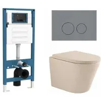Qeramiq Dely Toiletset - inbouwreservoir Flush - 35mm zitting - kunststof licht grijze bedieningsplaat - ronde knoppen - beige SW1000764/SW1448813/SW1000771/SW1102374