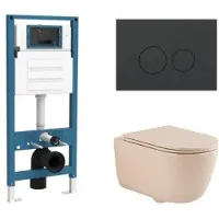 Qeramiq Dely Swirl Toiletset - inbouwreservoir Flush - slim zitting - kunststof mat antraciete bedieningsplaat - ronde knoppen - beige SW1026259/SW1448813/SW1000770/SW1102376