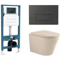 Qeramiq Dely Toiletset - inbouwreservoir Flush - 35mm zitting - kunststof mat antraciete bedieningsplaat - rechthoekige knoppen - beige SW1000764/SW1448813/SW1000771/SW1102377