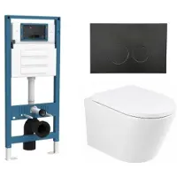 Qeramiq Dely Toiletset - inbouwreservoir Flush - 35mm zitting - kunststof mat zwarte bedieningsplaat - ronde knoppen - glans wit SW1026255/SW1448813/SW1159505/SW706188