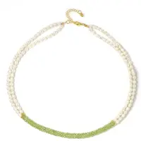 Cavill - 925 Sterling Zilver Vergulde Ketting - 22,23 ct Peridot & Witte Zoetwaterparels - Elegante Tweerijige Luxe Ketting 45-50 cm