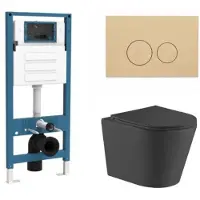 Qeramiq Dely Toiletset - inbouwreservoir Flush - slim zitting - kunststof beige bedieningsplaat - ronde knoppen - mat zwart SW1026253/SW1448813/SW1000768/SW1102365