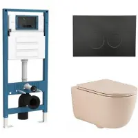 Qeramiq Dely Swirl Toiletset - inbouwreservoir Flush - slim zitting - metaal mat zwarte bedieningsplaat - ronde knoppen - beige SW1026259/SW1448813/SW1000770/SW706192