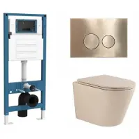 Qeramiq Dely Toiletset - inbouwreservoir Flush - slim zitting - metaal messing geborstelde bedieningsplaat - ronde knoppen - beige SW1000764/SW1448813/SW1000770/SW706200