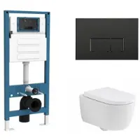 Qeramiq Dely Swirl Toiletset - inbouwreservoir Flush - 35mm zitting - kunststof mat zwarte bedieningsplaat - rechthoekige knoppen - mat wit SW1026257/SW1448813/SW1000767/SW706189