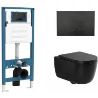 Qeramiq Dely Swirl Toiletset - inbouwreservoir Flush - 35mm zitting - metaal mat zwarte bedieningsplaat - ronde knoppen - mat zwart SW1026258/SW1448813/SW1000769/SW706192