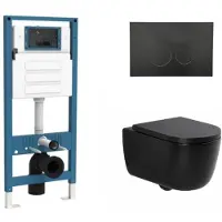 Qeramiq Dely Swirl Toiletset - inbouwreservoir Flush - 35mm zitting - kunststof mat zwarte bedieningsplaat - ronde knoppen - mat zwart SW1026258/SW1448813/SW1000769/SW706188