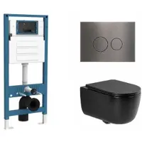 Qeramiq Dely Swirl Toiletset - inbouwreservoir Flush - slim zitting - metaal gunmetal bedieningsplaat - ronde knoppen - mat zwart SW1026258/SW1448813/SW1000768/SW706198
