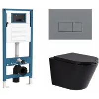 Qeramiq Dely Toiletset - inbouwreservoir Flush - 35mm zitting - kunststof licht grijze bedieningsplaat - rechthoekige knoppen - mat zwart SW1026253/SW1448813/SW1000769/SW1102375