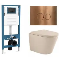 Qeramiq Dely Toiletset - inbouwreservoir Flush - 35mm zitting - metaal koperen bedieningsplaat - ronde knoppen - beige SW1000764/SW1448813/SW1000771/SW706196