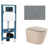 Qeramiq Dely Toiletset - inbouwreservoir Flush - slim zitting - kunststof licht grijze bedieningsplaat - ronde knoppen - beige SW1000764/SW1448813/SW1000770/SW1102374
