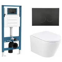Qeramiq Dely Toiletset - inbouwreservoir Flush - 35mm zitting - kunststof mat zwarte bedieningsplaat - ronde knoppen - mat wit SW1026254/SW1448813/SW1000767/SW706188